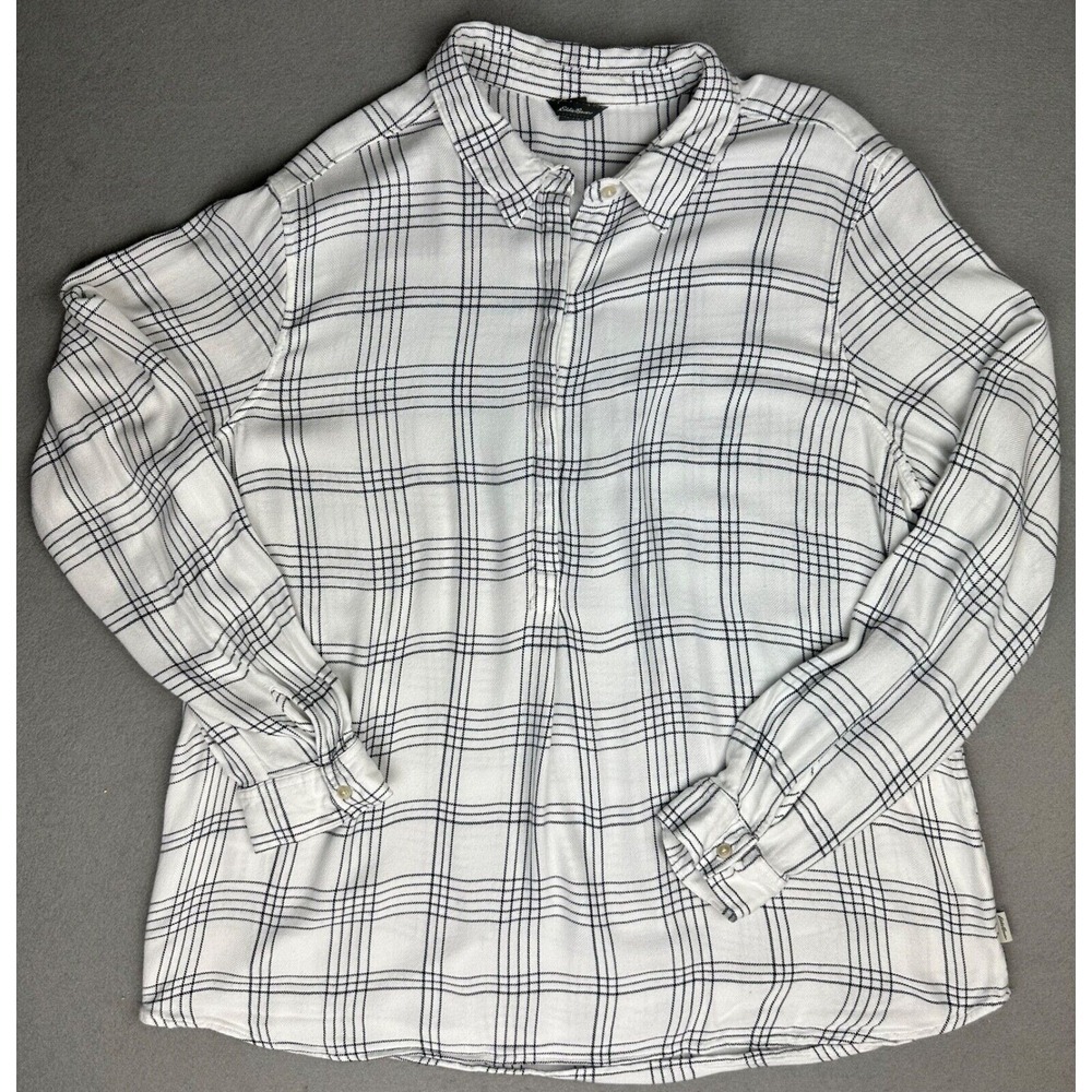 Eddie Bauer Half Button Women's White and Black Plaid Rayon Shirt Size‎ XL
